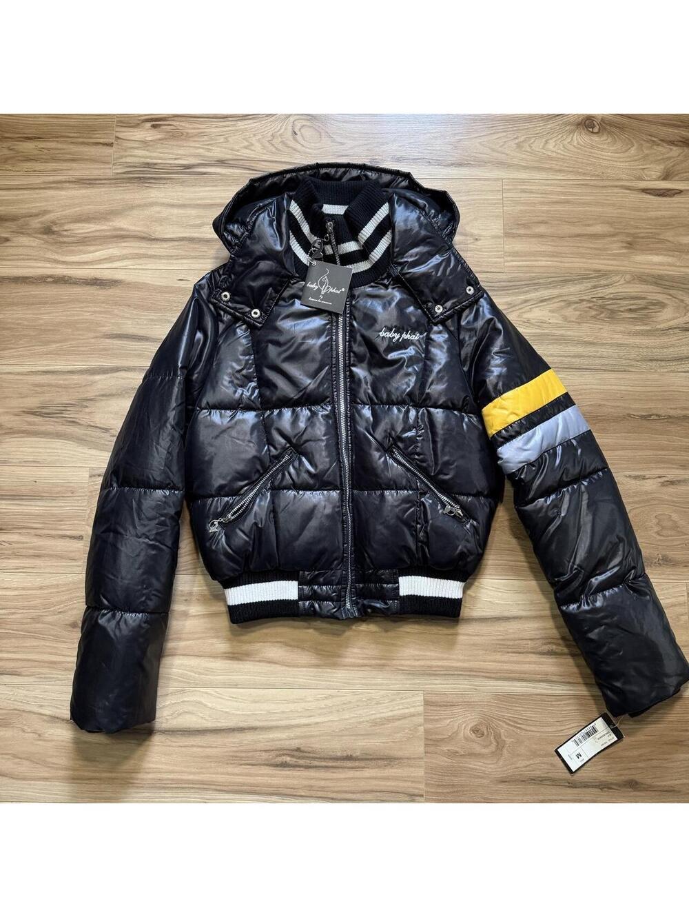 Baby Phat Black Puffer Bomber Jacket Varsity Stripe Y2K NWT
